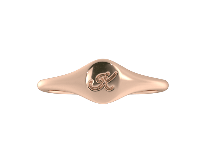 Minimalist ladies’ signet ring with custom script initial in solid 14K rose gold. Dainty, heirloom-quality personalized jewelry for women.