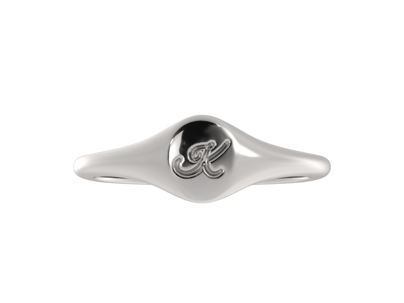 Minimalist ladies’ signet ring with custom script initial in solid gold or silver. Dainty, heirloom-quality personalized jewelry for women.