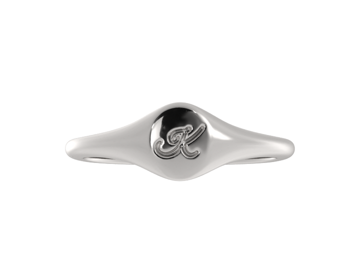 Minimalist ladies’ signet ring with custom script initial in solid gold or silver. Dainty, heirloom-quality personalized jewelry for women.