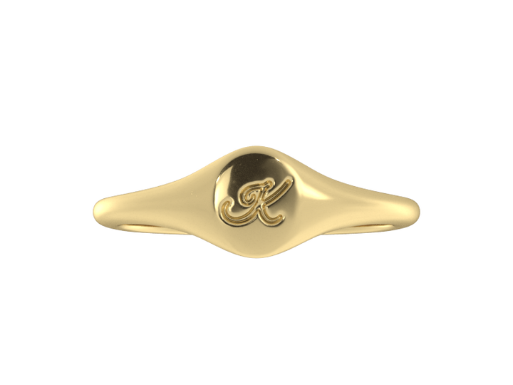 Minimalist ladies’ signet ring with custom script initial in solid 14K yellow gold. Dainty, heirloom-quality personalized jewelry for women.