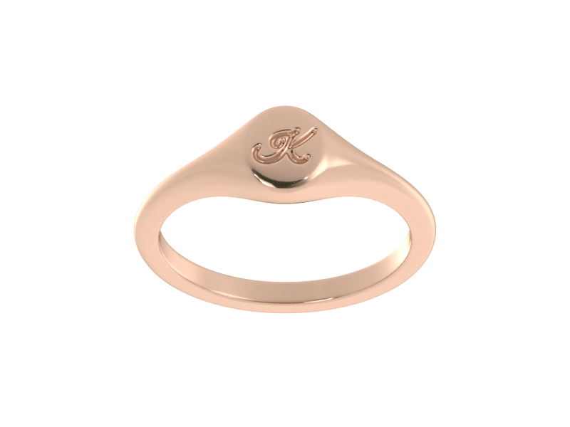 Minimalist ladies’ signet ring with custom script initial in solid 14K rose gold. Dainty, heirloom-quality personalized jewelry for women.