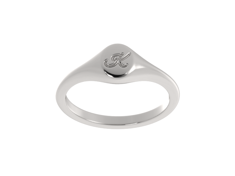 Minimalist ladies’ signet ring with custom script initial in solid gold or silver. Dainty, heirloom-quality personalized jewelry for women.