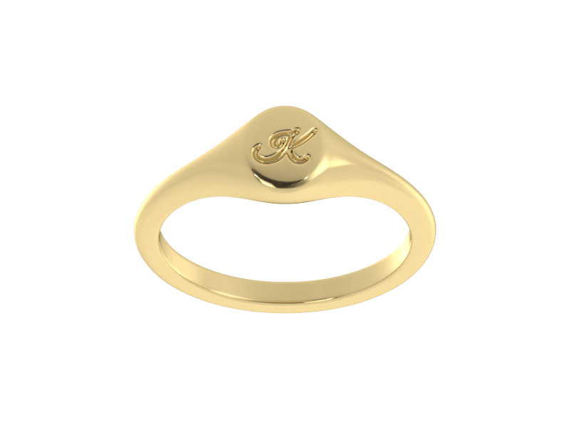 Minimalist ladies’ signet ring with custom script initial in solid 14K yellow gold. Dainty, heirloom-quality personalized jewelry for women.