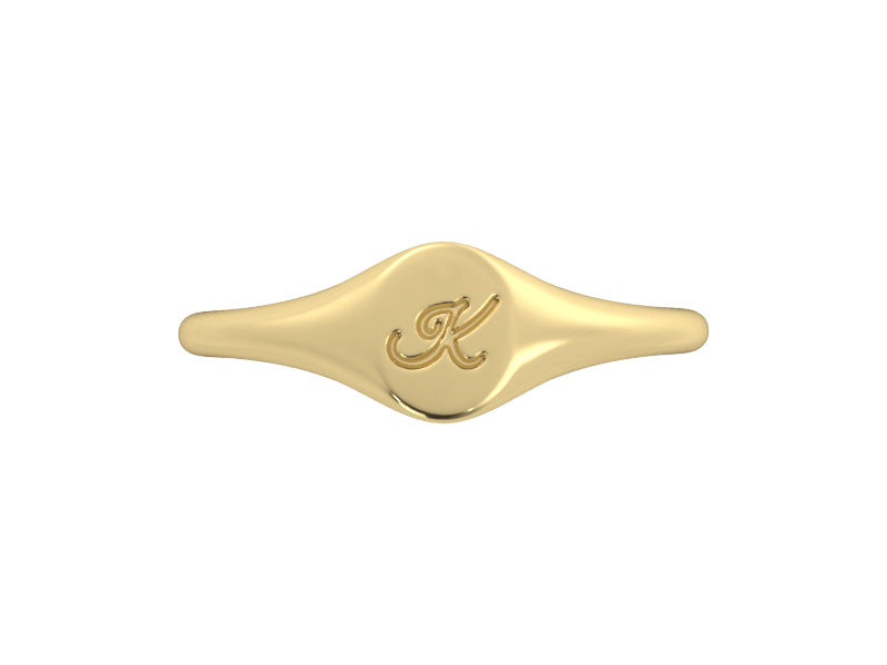 Minimalist ladies’ signet ring with custom script initial in solid 14K yellow gold. Dainty, heirloom-quality personalized jewelry for women.