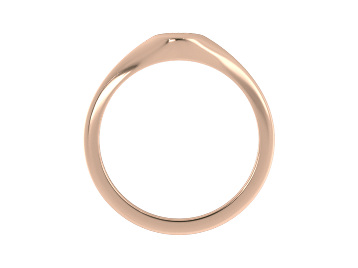 Minimalist ladies’ signet ring with custom script initial in solid 14K rose gold. Dainty, heirloom-quality personalized jewelry for women.