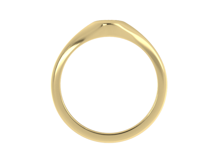 Minimalist ladies’ signet ring with custom script initial in solid 14K yellow gold. Dainty, heirloom-quality personalized jewelry for women.