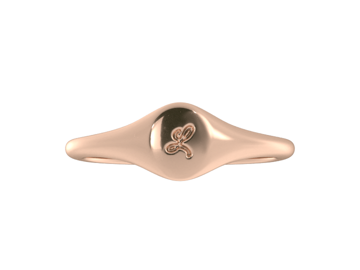 Minimalist ladies’ signet ring with custom script initial in solid 14K rose gold. Dainty, heirloom-quality personalized jewelry for women.