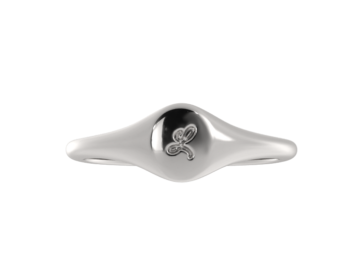 Minimalist ladies’ signet ring with custom script initial in solid gold or silver. Dainty, heirloom-quality personalized jewelry for women.