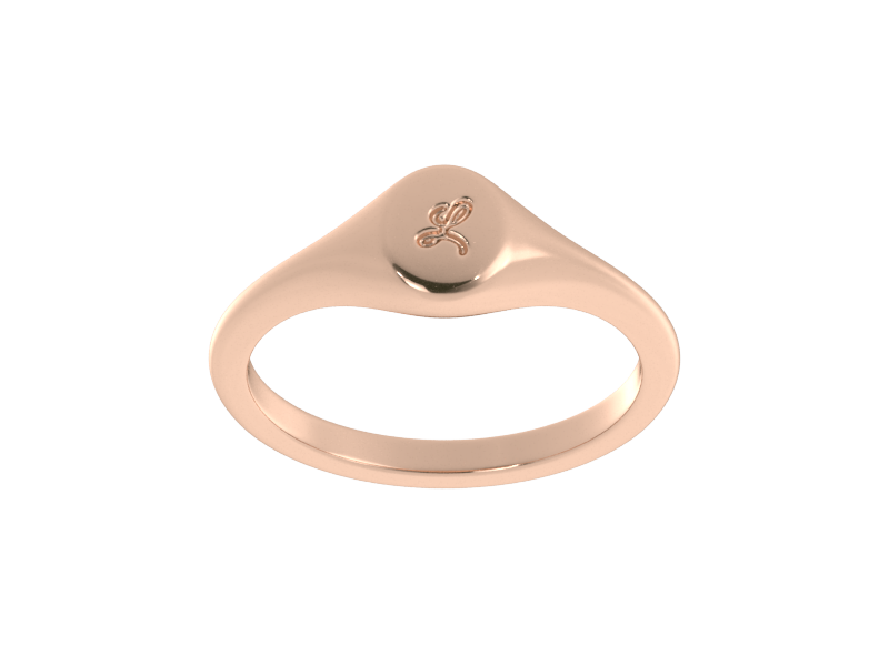 Minimalist ladies’ signet ring with custom script initial in solid 14K rose gold. Dainty, heirloom-quality personalized jewelry for women.