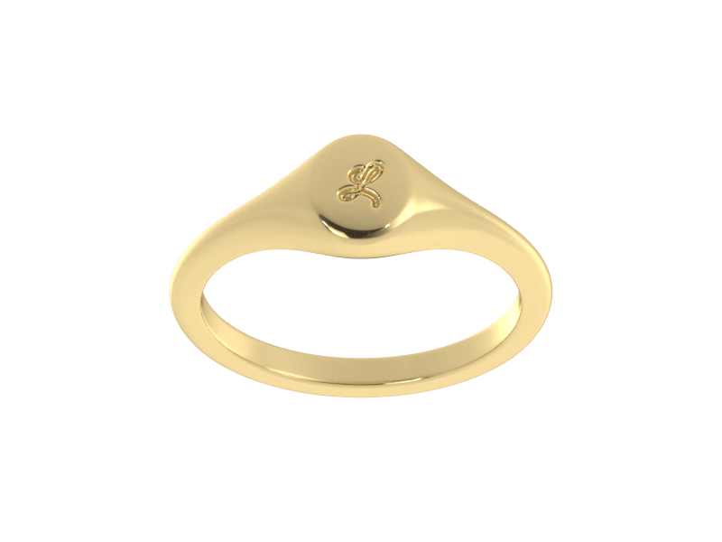 Minimalist ladies’ signet ring with custom script initial in solid 14K yellow gold. Dainty, heirloom-quality personalized jewelry for women.