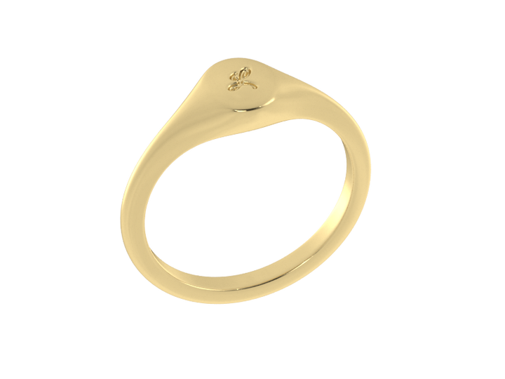 Minimalist ladies’ signet ring with custom script initial in solid 14K yellow gold. Dainty, heirloom-quality personalized jewelry for women.