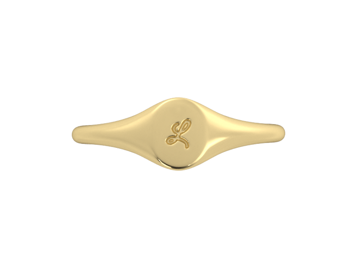 Minimalist ladies’ signet ring with custom script initial in solid 14K yellow gold. Dainty, heirloom-quality personalized jewelry for women.