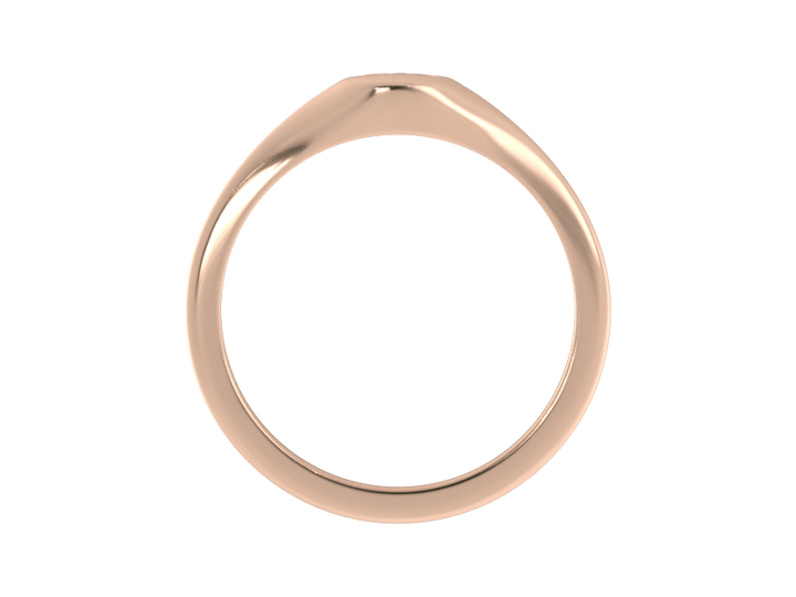 Minimalist ladies’ signet ring with custom script initial in solid 14K rose gold. Dainty, heirloom-quality personalized jewelry for women.