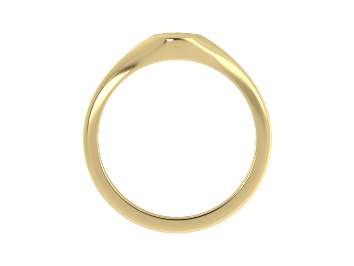 Minimalist ladies’ signet ring with custom script initial in solid 14K yellow gold. Dainty, heirloom-quality personalized jewelry for women.