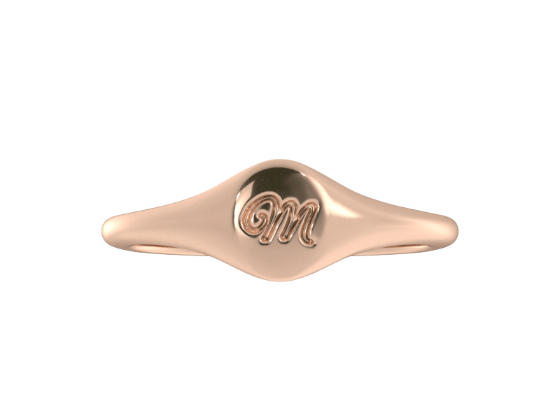 Minimalist ladies’ signet ring with custom script initial in solid 14K rose gold. Dainty, heirloom-quality personalized jewelry for women.