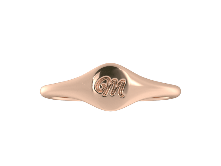 Minimalist ladies’ signet ring with custom script initial in solid 14K rose gold. Dainty, heirloom-quality personalized jewelry for women.