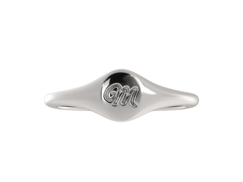 Minimalist ladies’ signet ring with custom script initial in solid gold or silver. Dainty, heirloom-quality personalized jewelry for women.
