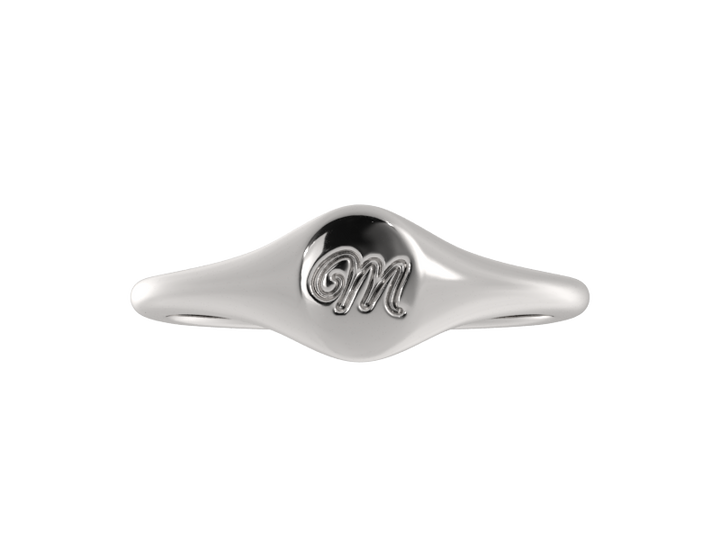Minimalist ladies’ signet ring with custom script initial in solid gold or silver. Dainty, heirloom-quality personalized jewelry for women.
