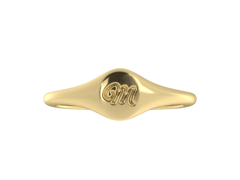 Minimalist ladies’ signet ring with custom script initial in solid 14K yellow gold. Dainty, heirloom-quality personalized jewelry for women.