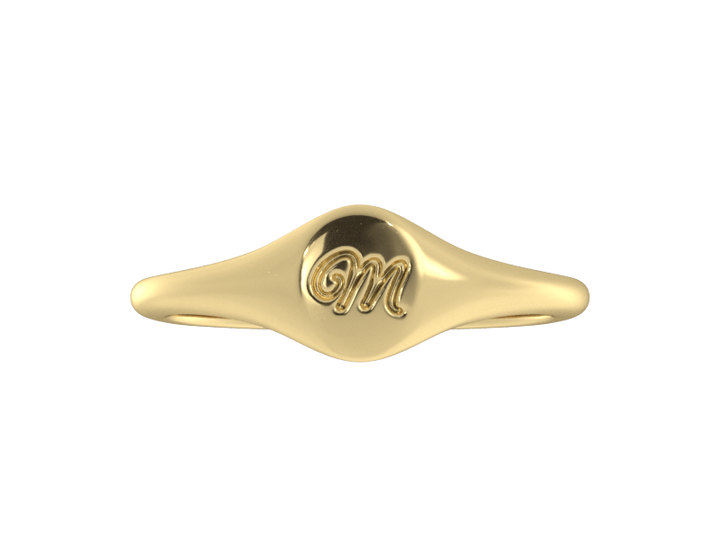 Minimalist ladies’ signet ring with custom script initial in solid 14K yellow gold. Dainty, heirloom-quality personalized jewelry for women.