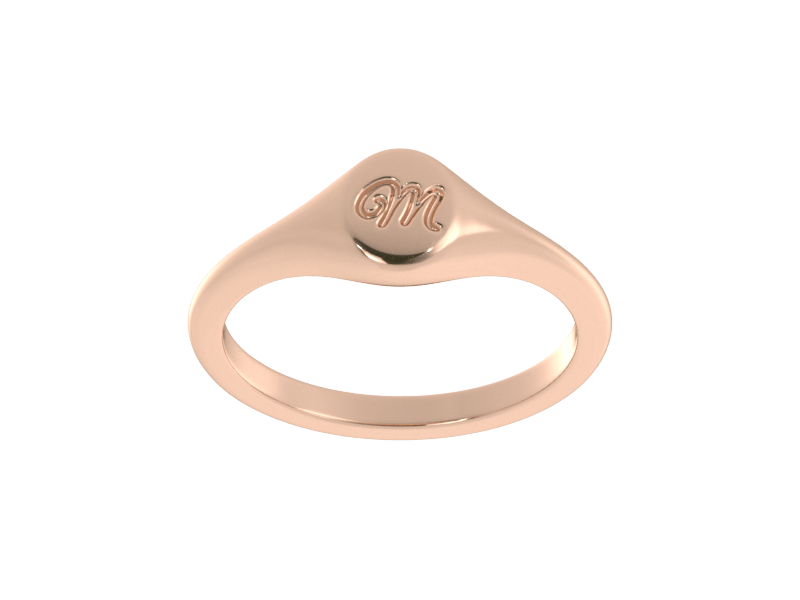 Minimalist ladies’ signet ring with custom script initial in solid 14K rose gold. Dainty, heirloom-quality personalized jewelry for women.