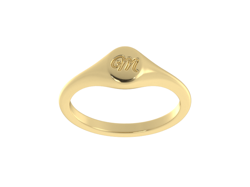 Minimalist ladies’ signet ring with custom script initial in solid 14K yellow gold. Dainty, heirloom-quality personalized jewelry for women.