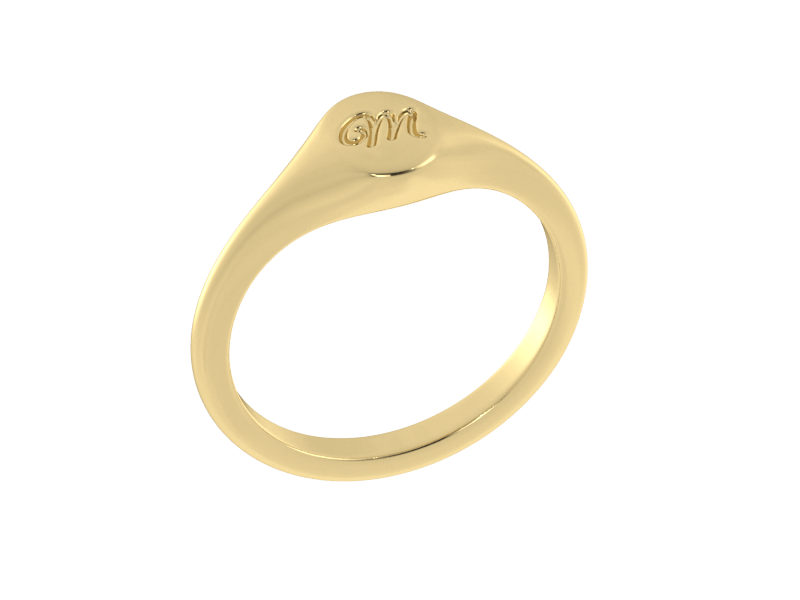 Minimalist ladies’ signet ring with custom script initial in solid 14K yellow gold. Dainty, heirloom-quality personalized jewelry for women.