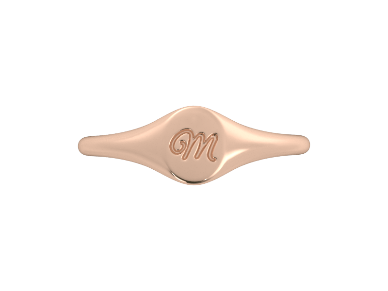 Minimalist ladies’ signet ring with custom script initial in solid 14K rose gold. Dainty, heirloom-quality personalized jewelry for women.