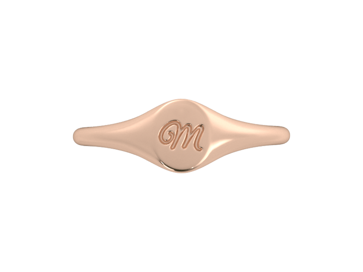 Minimalist ladies’ signet ring with custom script initial in solid 14K rose gold. Dainty, heirloom-quality personalized jewelry for women.