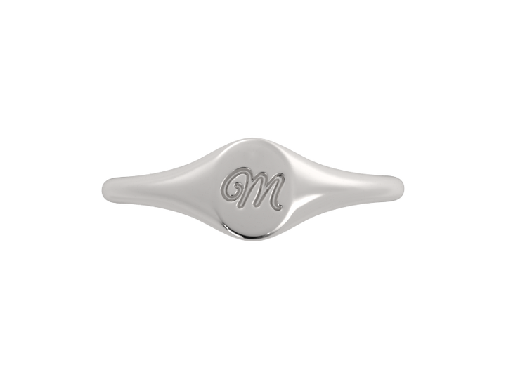 Minimalist ladies’ signet ring with custom script initial in solid gold or silver. Dainty, heirloom-quality personalized jewelry for women.