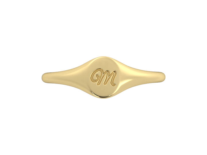Minimalist ladies’ signet ring with custom script initial in solid 14K yellow gold. Dainty, heirloom-quality personalized jewelry for women.