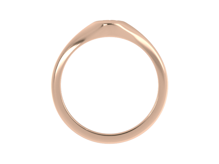 Minimalist ladies’ signet ring with custom script initial in solid 14K rose gold. Dainty, heirloom-quality personalized jewelry for women.