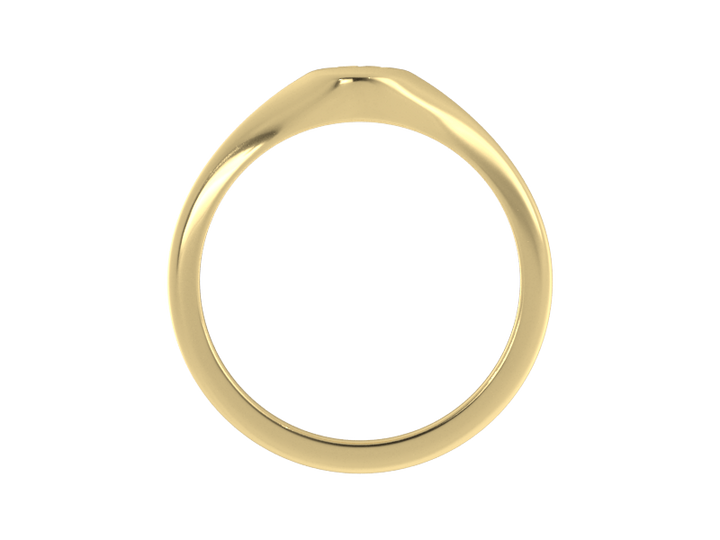 Minimalist ladies’ signet ring with custom script initial in solid 14K yellow gold. Dainty, heirloom-quality personalized jewelry for women.