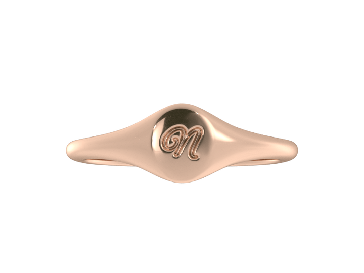 Minimalist ladies’ signet ring with custom script initial in solid 14K rose gold. Dainty, heirloom-quality personalized jewelry for women.