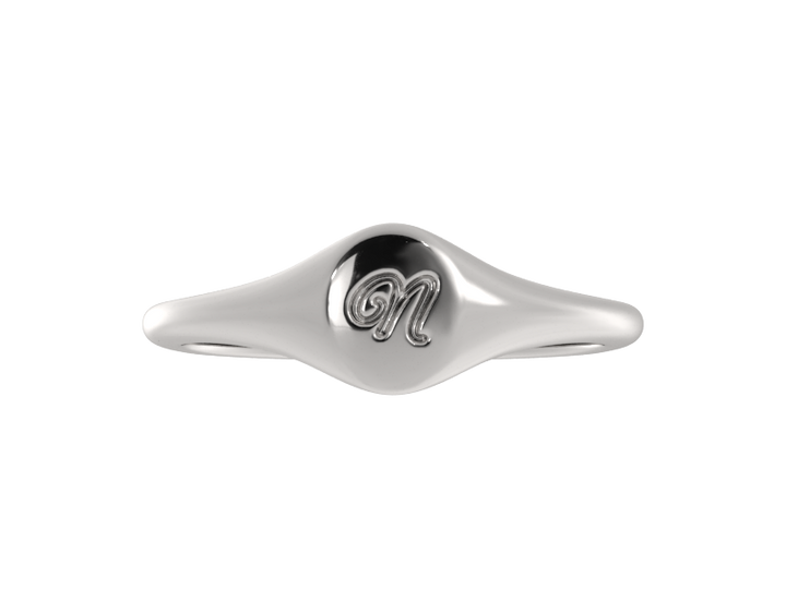 Minimalist ladies’ signet ring with custom script initial in solid gold or silver. Dainty, heirloom-quality personalized jewelry for women.