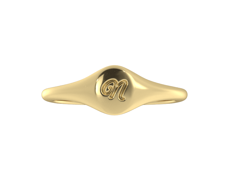 Minimalist ladies’ signet ring with custom script initial in solid 14K yellow gold. Dainty, heirloom-quality personalized jewelry for women.
