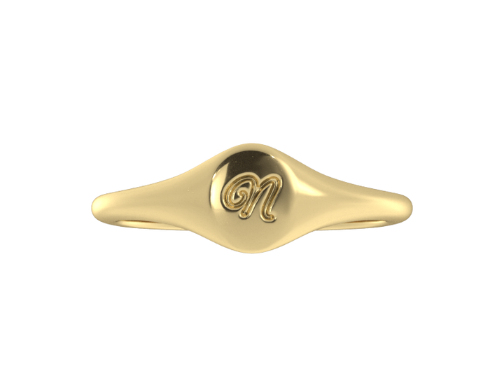 Minimalist ladies’ signet ring with custom script initial in solid 14K yellow gold. Dainty, heirloom-quality personalized jewelry for women.