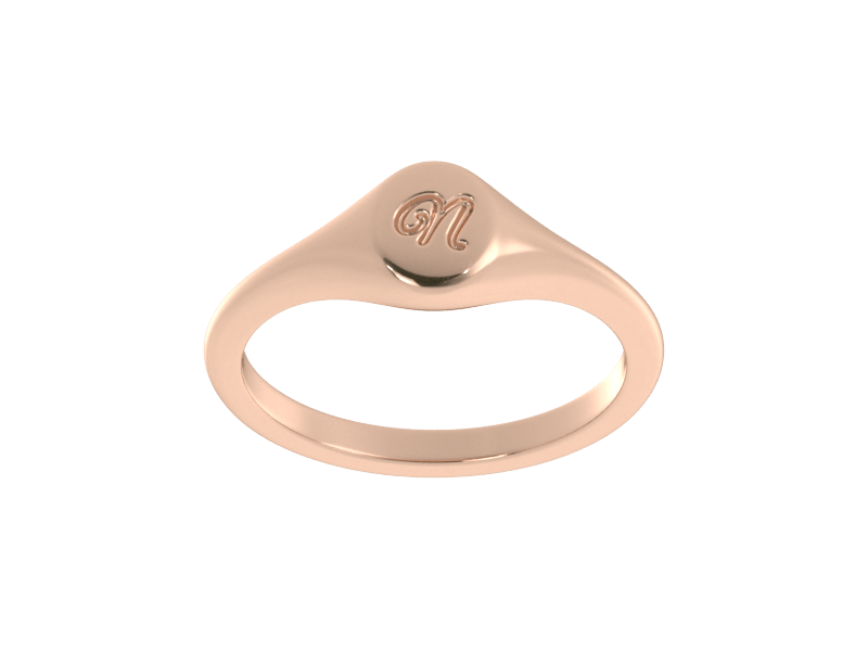 Minimalist ladies’ signet ring with custom script initial in solid 14K rose gold. Dainty, heirloom-quality personalized jewelry for women.