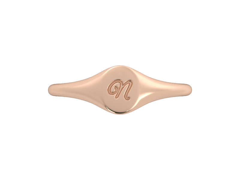 Minimalist ladies’ signet ring with custom script initial in solid 14K rose gold. Dainty, heirloom-quality personalized jewelry for women.