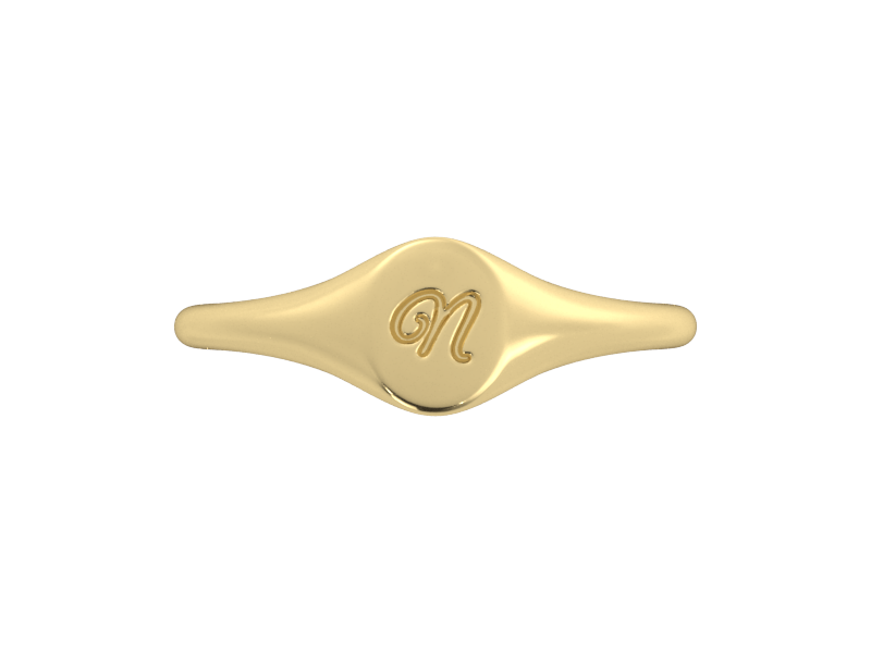 Minimalist ladies’ signet ring with custom script initial in solid 14K yellow gold. Dainty, heirloom-quality personalized jewelry for women.