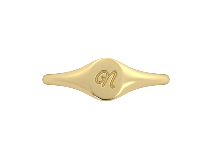 Minimalist ladies’ signet ring with custom script initial in solid 14K yellow gold. Dainty, heirloom-quality personalized jewelry for women.
