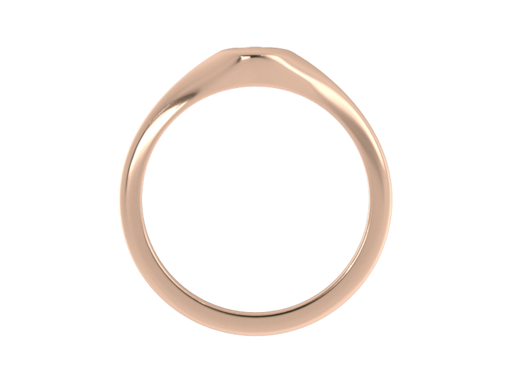 Minimalist ladies’ signet ring with custom script initial in solid 14K rose gold. Dainty, heirloom-quality personalized jewelry for women.