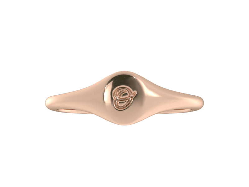Minimalist ladies’ signet ring with custom script initial in solid 14K rose gold. Dainty, heirloom-quality personalized jewelry for women.