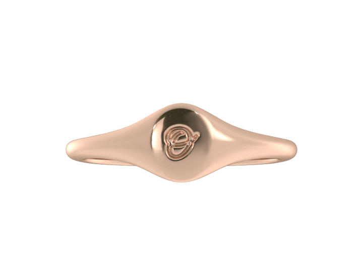Minimalist ladies’ signet ring with custom script initial in solid 14K rose gold. Dainty, heirloom-quality personalized jewelry for women.