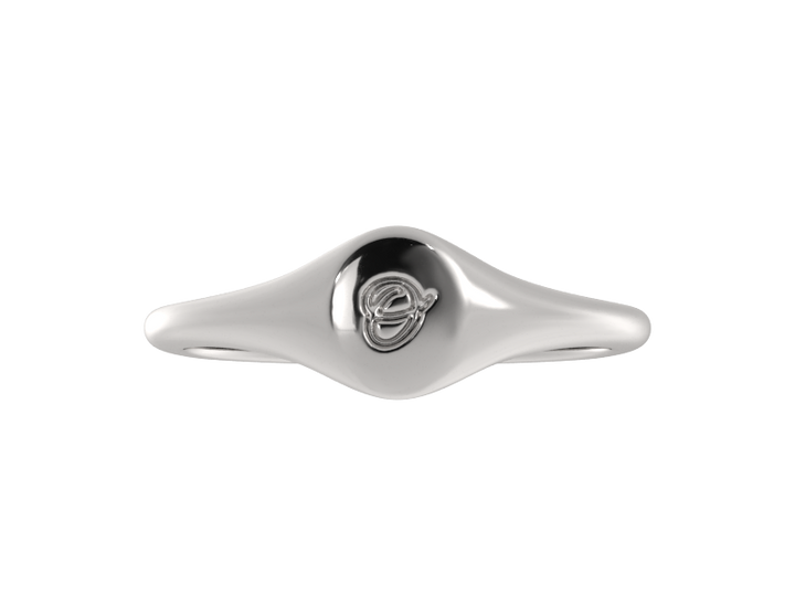 Minimalist ladies’ signet ring with custom script initial in solid gold or silver. Dainty, heirloom-quality personalized jewelry for women.