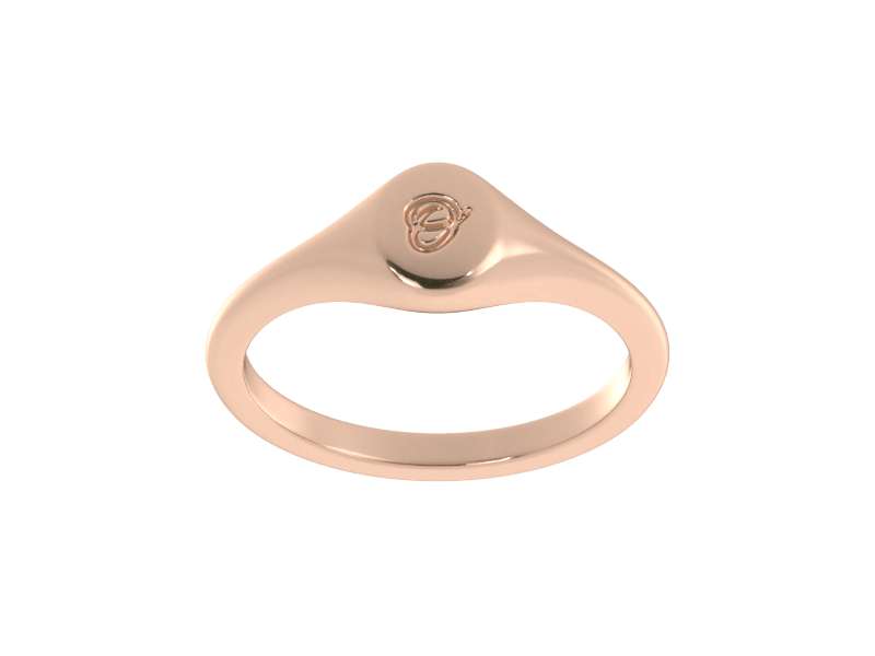 Minimalist ladies’ signet ring with custom script initial in solid 14K rose gold. Dainty, heirloom-quality personalized jewelry for women.