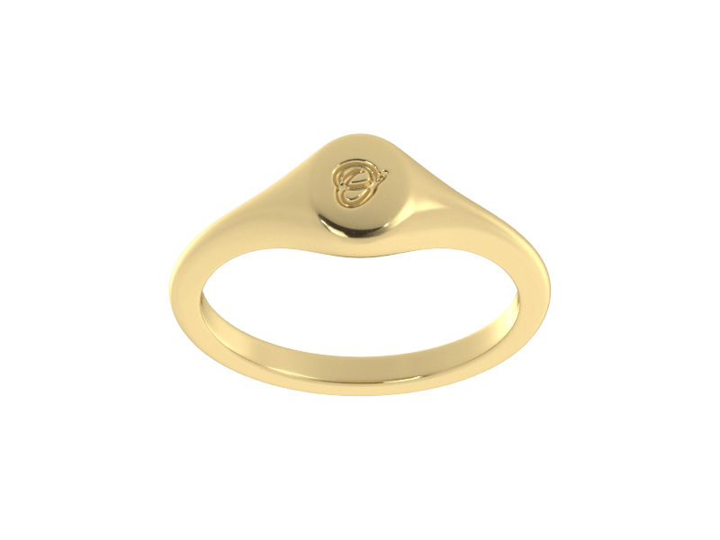 Minimalist ladies’ signet ring with custom script initial in solid 14K yellow gold. Dainty, heirloom-quality personalized jewelry for women.