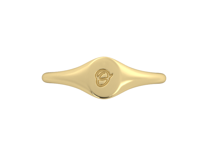Minimalist ladies’ signet ring with custom script initial in solid 14K yellow gold. Dainty, heirloom-quality personalized jewelry for women.