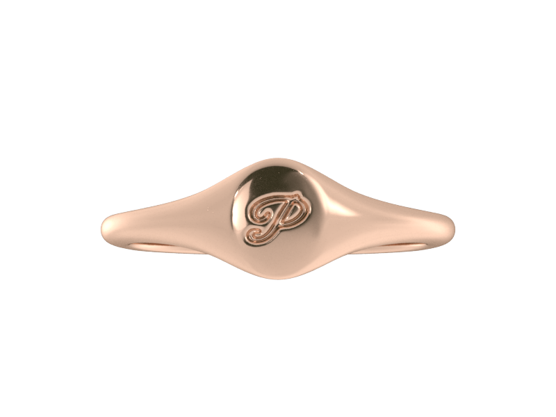 Minimalist ladies’ signet ring with custom script initial in solid 14K rose gold. Dainty, heirloom-quality personalized jewelry for women.