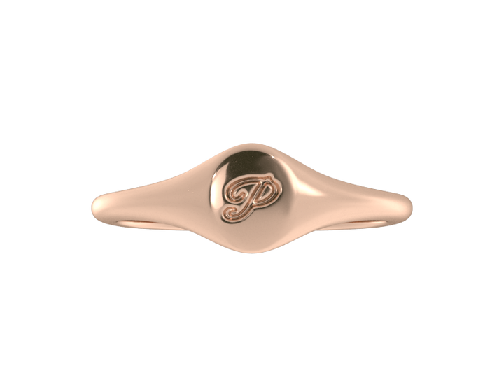 Minimalist ladies’ signet ring with custom script initial in solid 14K rose gold. Dainty, heirloom-quality personalized jewelry for women.